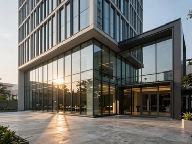Sleek double-height lobby of a premium commercial building in Gurgaon, floor-to-ceiling glass windows, minimalist polished concrete floors.
