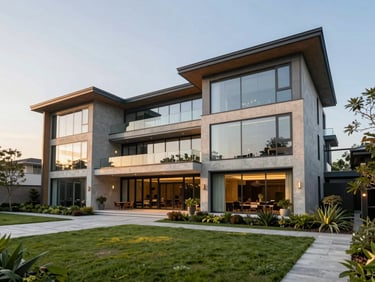 Wide angle view of a premium residential club house facade, modern concrete and glass architecture, manicured gardens, evening light
