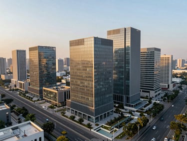Aerial view of structured urban infrastructure and modern office parks along Dwarka Expressway during golden hour.