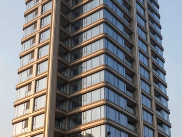 Tight abstract architectural detail of a premium residential tower balcony, floor-to-ceiling windows, champagne gold metal accents