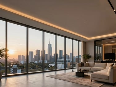 Modern luxury apartment interior, spacious living room with floor-to-ceiling windows overlooking Gurgaon skyline at sunset, warm minimalist decor