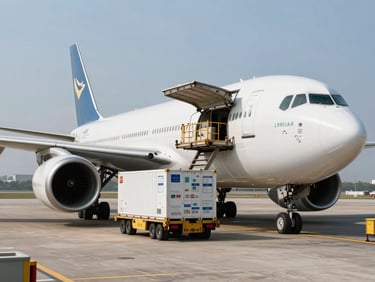 Wide environmental shot of a cargo airplane being loaded with freight containers on a sunny tarmac, high contrast, industrial precision