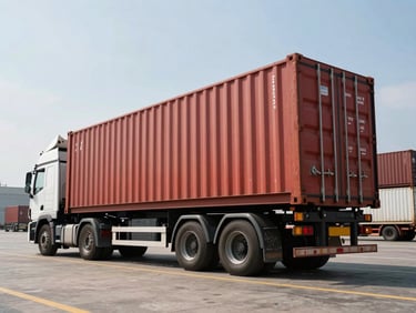 Low-angle heroic shot of multiple red shipping containers loaded on a white transport truck parked in a spacious European port terminal under bright daylight
