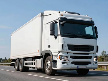 Low-angle heroic shot of a white transport truck driving on a clear, open Swedish highway during bright daylight, high contrast, clean composition.