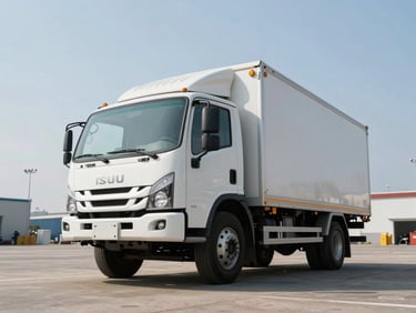Low-angle shot of a white Isuzu truck parked in a spacious open port area under a clear bright sky.