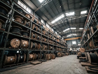 Low-angle wide shot of massive industrial cable drums stacked in an organized Jaipur warehouse, high-contrast industrial lighting, cool metallic tones, sharp focus, 35mm lens.