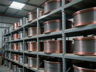 Industrial documentary photography of an organized warehouse interior in Jaipur, heavy cable logistics, copper cable cross-sections visible on shelves, cool metallic tones.