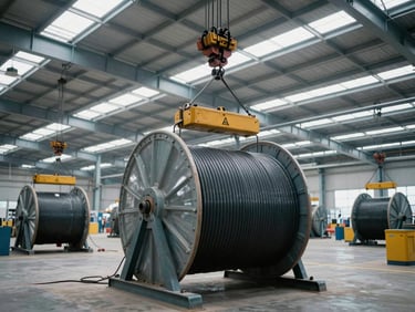 Wide environmental shot of a massive cable distribution yard in Gujarat, heavy crane lifting a large cable drum under daylight, sharp focus.
