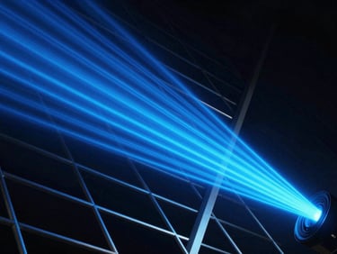 Dark abstract digital art with neon blue volumetric light rays passing through a metallic grid