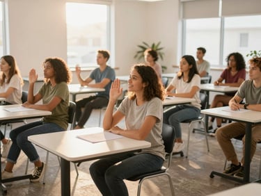 Adults attending a wellness workshop, actively participating in a bright, modern classroom in Ohio, warm lighting
