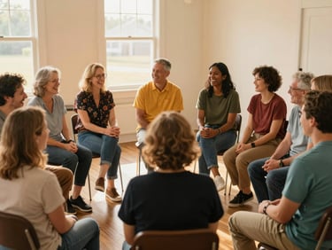 A diverse group of adults sitting in a circle, laughing and talking in a bright Ohio community center, warm golden-hour light