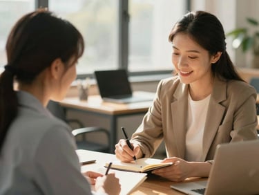 A career coaching session with a mentor and participant collaborating over a notebook in a sunlit office, shallow depth of field
