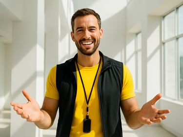 Environmental portrait of a male wellness coach gesturing warmly in a light-filled architectural space, sunny daylight