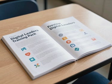 Preview of Digital Leaders training pack booklet with colorful icons, lying flat on a school table