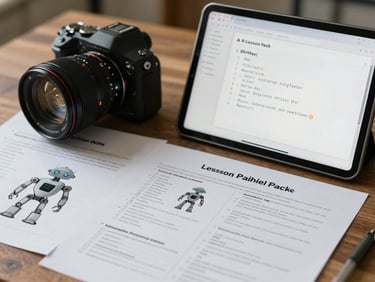 AI lesson pack worksheets with robot graphics next to a tablet showing a simple coding interface