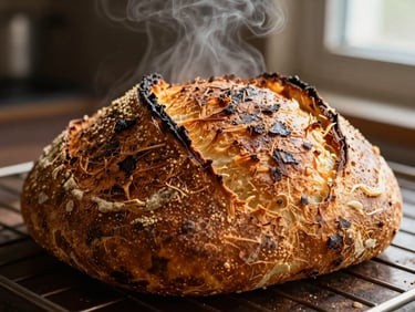 Macro shot of a deeply blistered, golden-brown sourdough crust fresh out of the deck oven, steam rising slightly, dark warm charcoal background, warm editorial photography