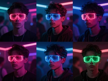 A collage of four young adults at a futuristic neon festival, wearing glowing LED glasses in pink, blue, and green, high energy, dark club lighting