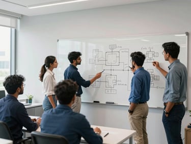 A wide angle shot of a modern Indian corporate classroom with developers collaborating over complex system architecture diagrams on a whiteboard, bright natural daylight.