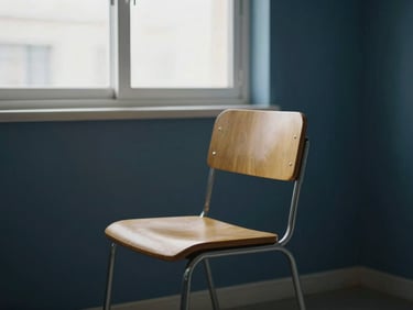 Quiet, contemplative empty chair in a psychoanalyst consulting room, soft natural window light casting gentle shadows, minimalist clinical editorial feel