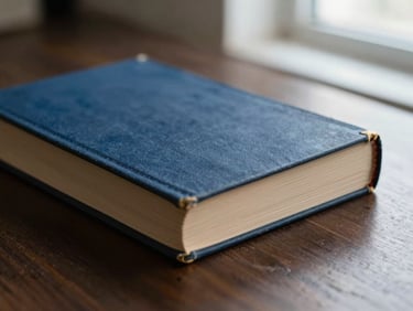 Close-up of old books and writing materials on a dark wooden table, soft side light, shallow depth of field, minimalist clinical editorial photography