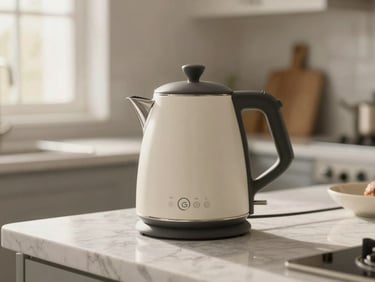 An elegant matte-finish smart kettle on a clean marble kitchen countertop, warm morning light, soft focus background, 35mm lens.