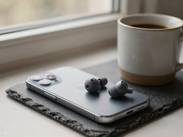 A modern sleek smartphone and wireless earbuds resting next to a ceramic coffee mug on a slate coaster, soft morning light, shallow depth of field, 35mm lens.