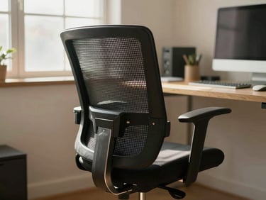 An ergonomic office chair with black mesh back and polished aluminum frame in a sunlit home office studio, shallow depth of field, warm editorial style