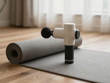A minimalist massage gun and a rolled linen yoga mat on a light oak floor, soft diffused natural light, muted tones, 35mm lens.