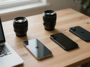 Overhead flat-lay of modern consumer electronics and home goods on a light wooden desk, soft natural window light casting gentle shadows, shallow depth of field, 35mm lens.