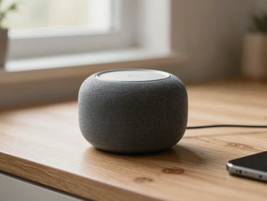 A close-up of a sleek, charcoal-grey fabric smart speaker sitting on a light oak kitchen counter, soft morning window light, shallow depth of field