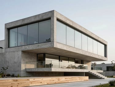 Ultra-minimalist concrete residence, massive glass panes, cantilevered structural volumes, raw concrete meeting warm white oak, architectural photography