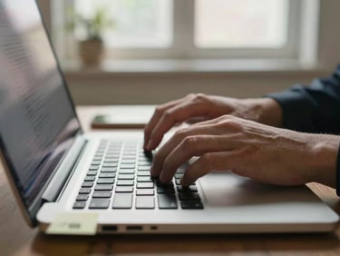 Close-up of hands on a laptop keyboard in a home office, screen glow lighting the fingers, a sticky note with dollar figures visible at the edge of the frame, daylight from a window behind, no face visible