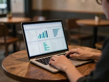 Wide environmental shot of a coffee shop corner workspace, a laptop open showing an analytics dashboard, hands resting on the keyboard, screen glow as primary light, background softly out of focus, no faces