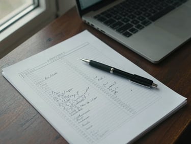 Overhead angle of a desk with a spreadsheet printout covered in handwritten annotations, a pen resting on the page, laptop partially visible at the top edge, window light from the left, muted and documentary in tone