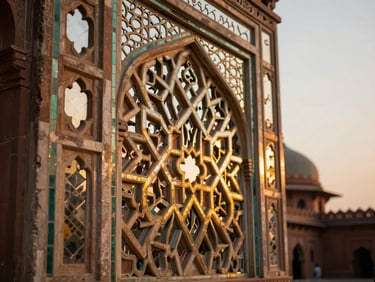 Close-up architectural detail of Lahore Fort's Sheesh Mahal mirror inlay work, intricate geometric mosaic patterns catching golden-hour afternoon light, shallow depth of field isolating carved stone arabesques in the foreground, warm amber glow from low western sun