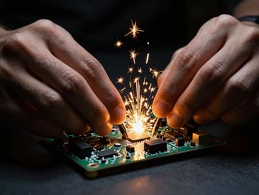 Hands working on a modern electrical circuit board, gold sparks, dramatic lighting, high contrast