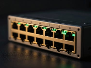 Close-up of a modern network switch with glowing amber and green LED ports, dark moody atmosphere, gold rim-lighting, high-contrast technical detailing.