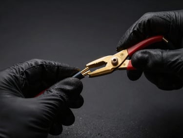Hands of a technician wearing black gloves carefully stripping a coaxial cable with professional tools, dark background, sharp gold rim-light.