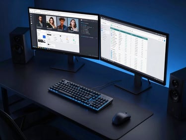 Sleek overhead desk layout, glowing mechanical keyboard, dual monitors showing active community Discord dashboards and analytics, cool blue studio lighting, high contrast shadows, sharp focus, 35mm lens.