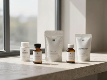 High-end clean-packaged wellness products arranged on a stone surface under soft natural window light, architectural corporate composition.
