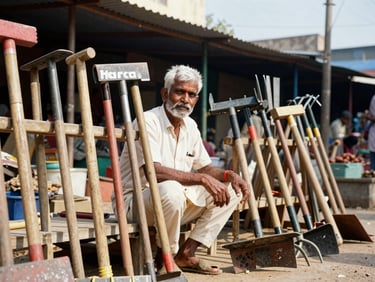 An Indian merchant showcasing high-quality agricultural tools in an open-air market, bright daylight, authentic, 35mm