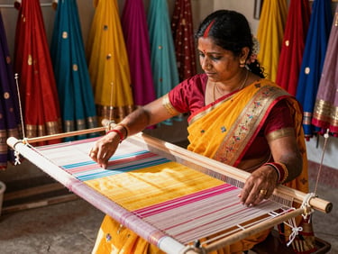 An Indian woman weaver displaying colorful traditional sarees in a bright, sunlit workshop, rich details, 35mm