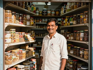 A local Indian shopkeeper smiling in his well-stocked grocery store, warm sunlit setting, authentic daytime shot, 35mm