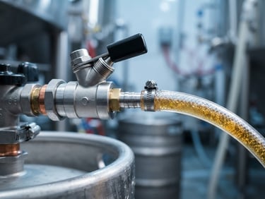 Macro close-up of a stainless steel draft coupler with clean vinyl lines showing pristine beer flow, sharp reflections, cool clinical lighting