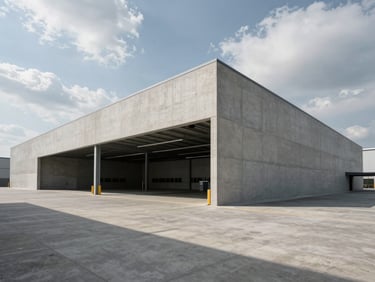 Wide-angle architectural perspective of a modern concrete logistics hub, sharp shadows, overcast daylight.