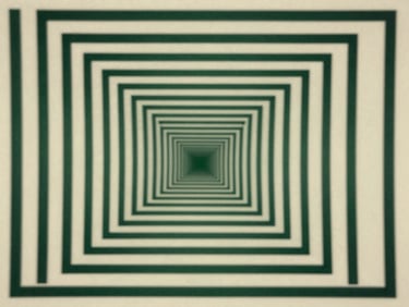 Centered symmetrical nested rectangles decreasing inward, hard edges, muted green on off-white, suggesting a vetting layer system