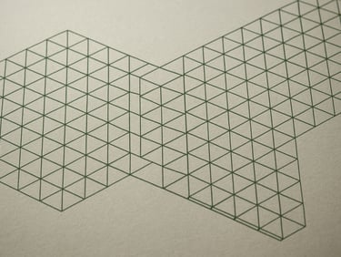 Two overlapping isometric grids aligned on a shared center axis, tessellating polygons at the intersection point, muted green on off-white field