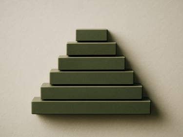 Stacked horizontal bars of decreasing width centered on a vertical axis, precise geometric progression, muted green tones on off-white, suggesting campaign stage tracking