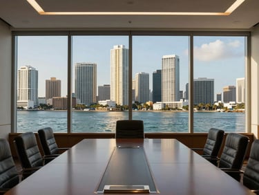 Executive boardroom with wide coastal views of Miami skyline, sharp architectural focus, 35mm lens.