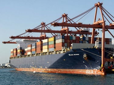 High-contrast editorial shot of a modern deep-water shipping port in Miami, container ships docked under crisp coastal daylight, sharp architectural focus, 35mm lens